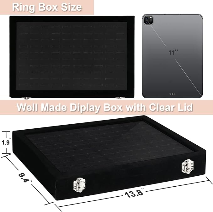 Ring Organizer for Jewelry, Ring Holder Box with Clear Lid, Dustproof Velvet Rings Display Tray Storage Case, 100 Slot Glass Top Jewelry Tray Drawer Insert for Multiple Rings Studs Earring (Black)