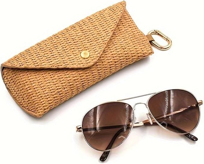 Glasses Case - Woven Straw Style Soft Box with Hook | Portable Eyewear Holder for Sunglasses, Reading Glasses, Contact Lens Accessories, Purse, Car, Desk, Nightstand, Drawer, Travel