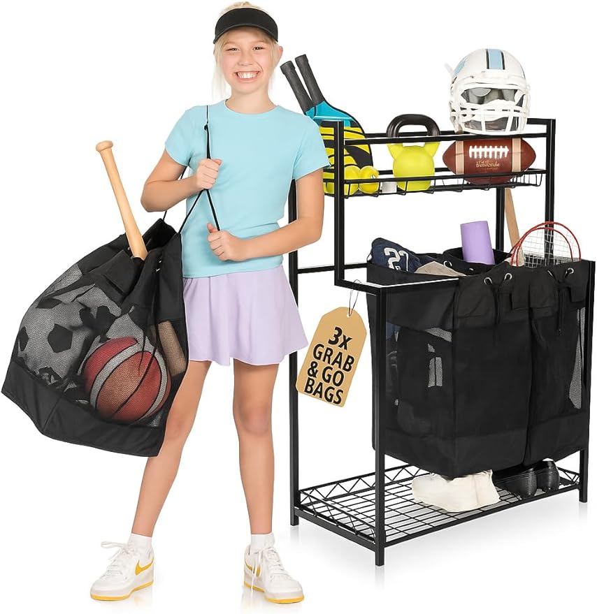 KASSELL Garage Sports Organizer Storage rack for sports equipment Ball, Heavy Duty Toy and Gear Storage Organizer with Grab and go bags (Black)