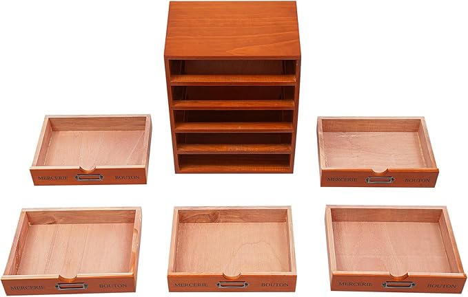 Vintage 5-Drawer Wooden Desk Organizer, Apothecary Cabinet & Library Card Catalog Storage Box, Rustic Freestanding Desktop Organizer for Stationery Crafts Jewelry Office Home Supplies (Brown)