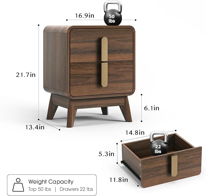 Nightstands Set of 2, Mid Century Modern Nightstand with Drawers, Bedside Tables with Solid Wood Legs, End Side Tables for Bedroom, Small Space,Walnut