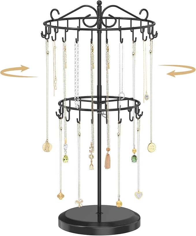 MODOWEY Rotating Necklace Holder Organizer Display Stand with 42 Hooks, 2 Tier Adjustable Metal Tree for Long Necklace Hanger Selling, Tall Spinning Bracelet Storage Rack for Men Women, Black