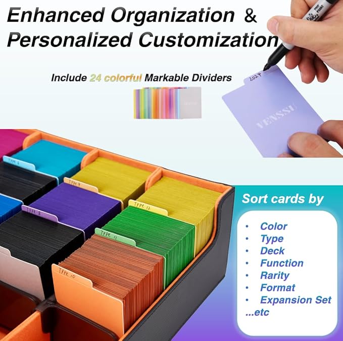 Venssu Card Storage Box With 24 Colorful Divider Tabs, 3000+ Mtg Deck Box, Fits Magic Game Cards (Black and Orange)