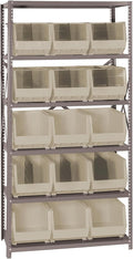 Quantum Storage Systems QSBU-260IV Giant Open Hopper Steel Shelving System, 18" D x 36" W x 75" H, with 6 Shelves and 15 QUS260 Bins, Ivory