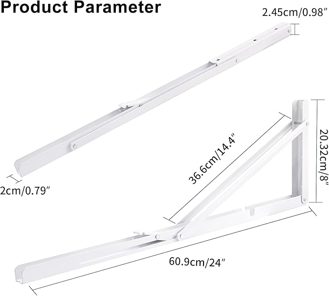 YUMORE 24 Inch Folding Shelf Brackets, Heavy Duty L Bracket, White DIY Collapsible Shelf Bracket for Workbench Folding Table Hinge, Max Load: 330lb, 2 Pack