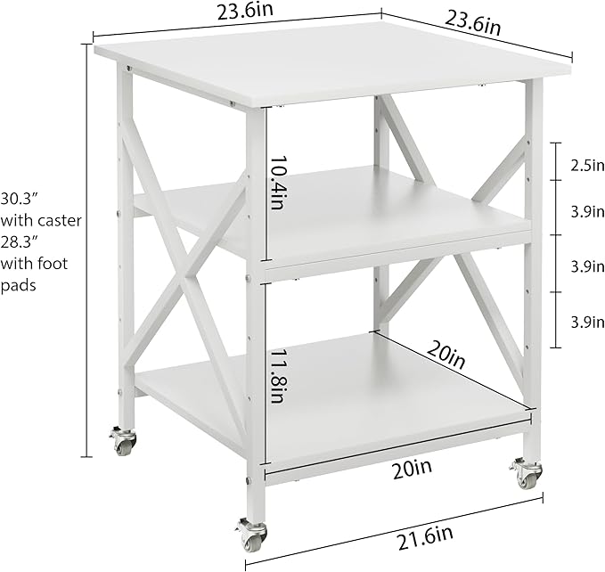 Ollieroo 3 Tier Printer Stand, Large Table with Wheels, Rolling Cart with Height Adjustable Middle Storage Shelf, 23.6 x 23.6 x 30.3 Inches Shelf for Home Office, White