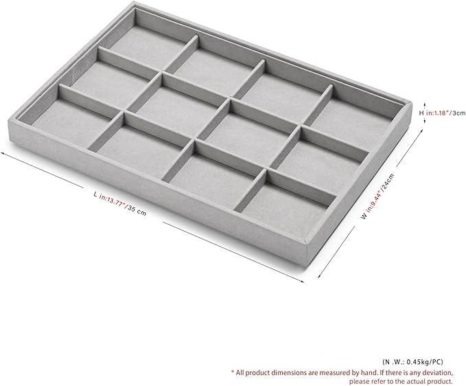 12 Grids Microfiber Jewelry Trays Bracelets Tray Stackable Jewelry Organizer Trays for Drawer Bracelet Holder Earring Tray For Bracelet Bangle Earrings Watches Storage (Grey)