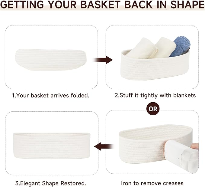 Temary Bathroom Organizer Bin, Toilet Paper Rope Baskets with Handles, Set of 2 Small Foldable Storage Bin for Toilet Tank Top Boho, Narrow Rectangle Baskets for Organizing (White, 13x5.9x3.9)