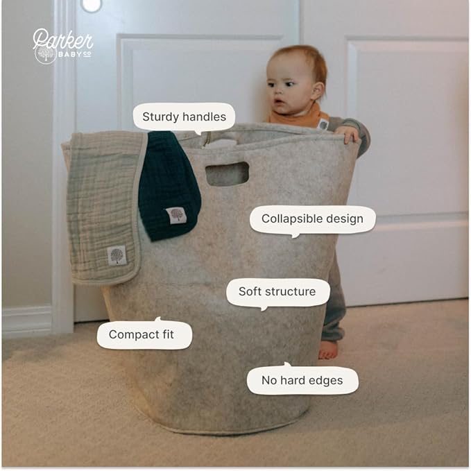 Parker Baby Nursery Laundry Hamper - Large Felt Storage Basket and Baby Hamper for Nursery (Gray)