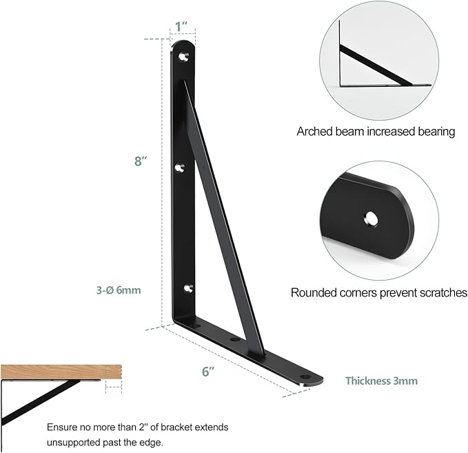 6 Pack L8 x H 6" Black Heavy Duty Shelf Brackets with Screws Metal Shelf Brackets Shelf Support Angle Brackets for Shelves L Brackets Heavy Duty Floating Shelf