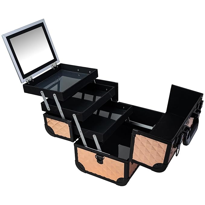 SHANY Premier Fantasy Professional Makeup Train Case Cosmetic Box Portable Makeup Case Organizer Jewelry storage with Locks, 3 Trays,Makeup Brush Holder and Cosmetics Mirror - ROSA