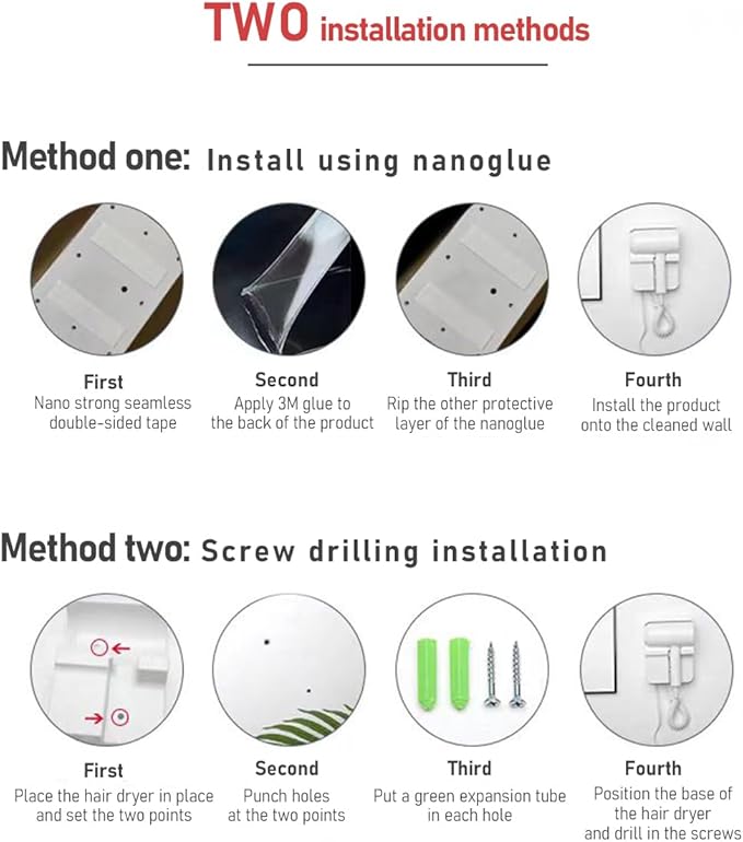 Hotel Wall Mount Hair Dryer for Bathroom with Night Light, 110V, Quiet, Overheat Protection, Negative Ion Technology