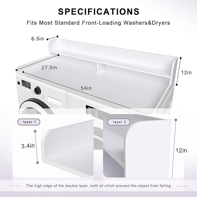 2-Tier Washer and Dryer Countertop Shelf, White Laundry Topper with Non-Slip Pads, Laundry Room Storage & Organization for Small Apartment Kitchen