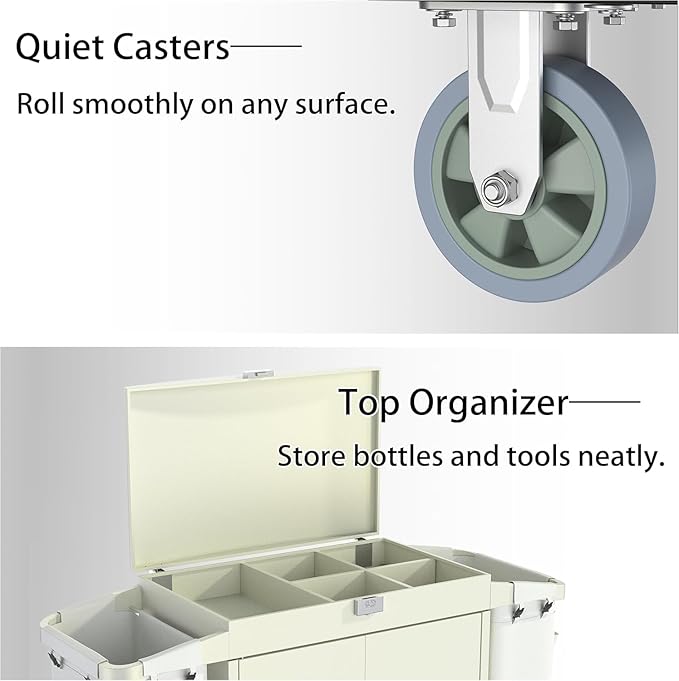 Heavy Duty Metal Housekeeping Janitorial Cart with Wheels,Silent Casters,Locking Large Capacity Cabinets,Cleaning cart for Housekeeping/Commercial Facility/Hotel/Stadium/School