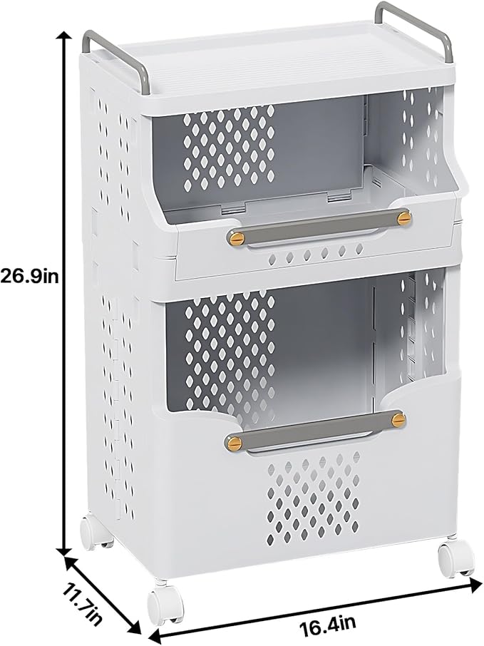 Laundry Basket with Wheels,Rolling Folding Laundry Hamper,utility cart,Kitchen storage Cart,Stackable Storage Bins Open Front,Dirty Clothes Hamper,Plastic laundry room organization