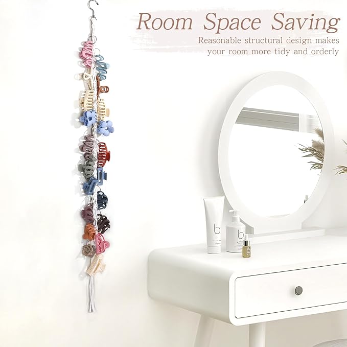 SNOWSTAR Macrame Hair Claw Clip Organizer with Rotating Hook and 20 Metal Rings,Hanging Hair Clip Holder and Storage for Women Girls,Claw Clips Hanger Home Decor for Wall,Door,Closet