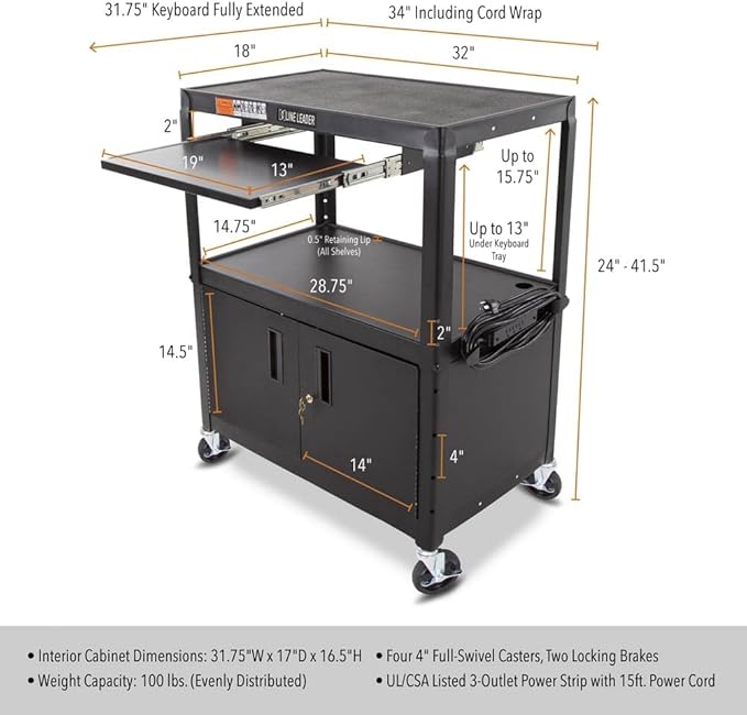 Line Leader Large AV Cart with Locking Cabinet | Height Adjustable Utility Cart with Pullout Keyboard Tray & Cord Management | UL Safety-Certified Computer Cart | Easy Assembly (32 x 18 x 42in)