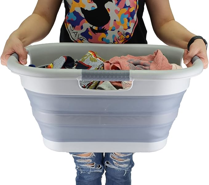 SAMMART 30L (7.9 Gallon) Collapsible Plastic Laundry Basket - Foldable Pop Up Storage Container/Organizer - Portable Washing Tub - Space Saving Hamper/Basket (1, Grey/Dark Grey)