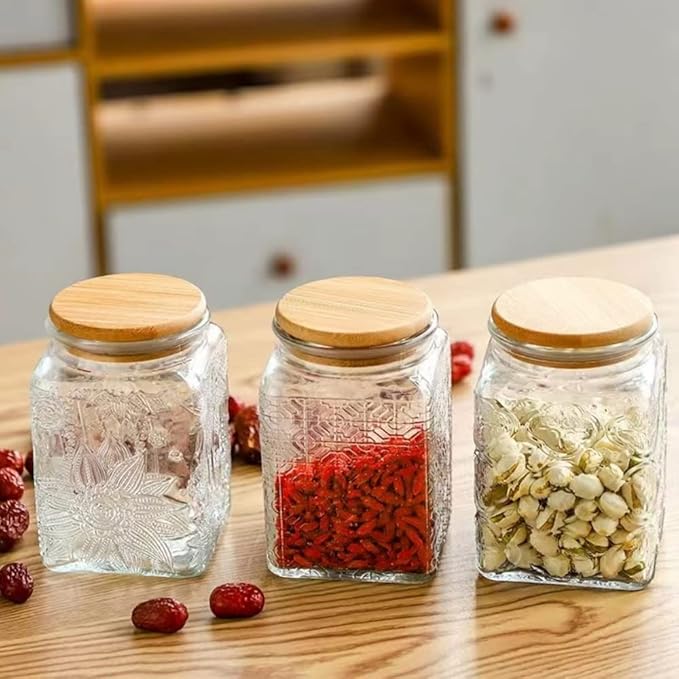 ANSQU 25.3 FL OZ Square Glass Jar, Glass Storage Canister with Airtight Lid, Glass Food Storage Containers for Candy, Coffee, Tea, Canning, Cute Jar (Square Begonia)