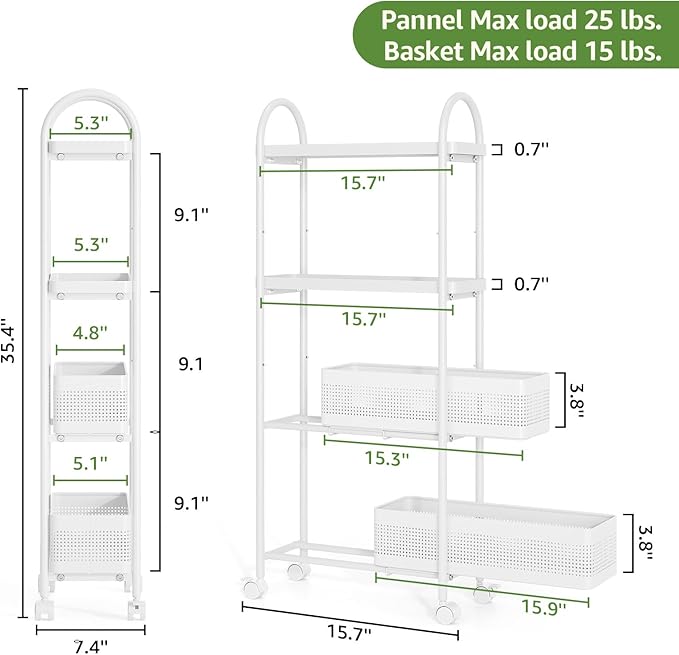 KINGRACK 4-Tier Slim Storage Cart with Pull Out Basket, Rolling Bathroom Organizer Utility, Metal Shelving Unit Slide Out, Lockable Wheels, Easy Assembly for Narrow Place, Kitchen, Laundry Room, White
