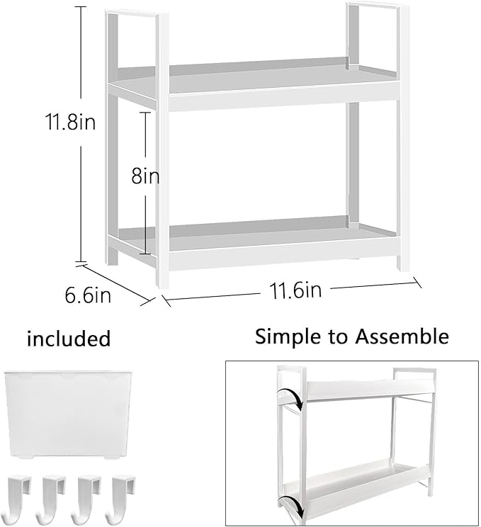 Bathroom Organizer with Basket & Hooks, 2 Tier Bathroom Organizers and Storage for Perfume, Cologne or Spice, White Countertop Organizer for Vanity, Kitchen, Office or Under Sinks