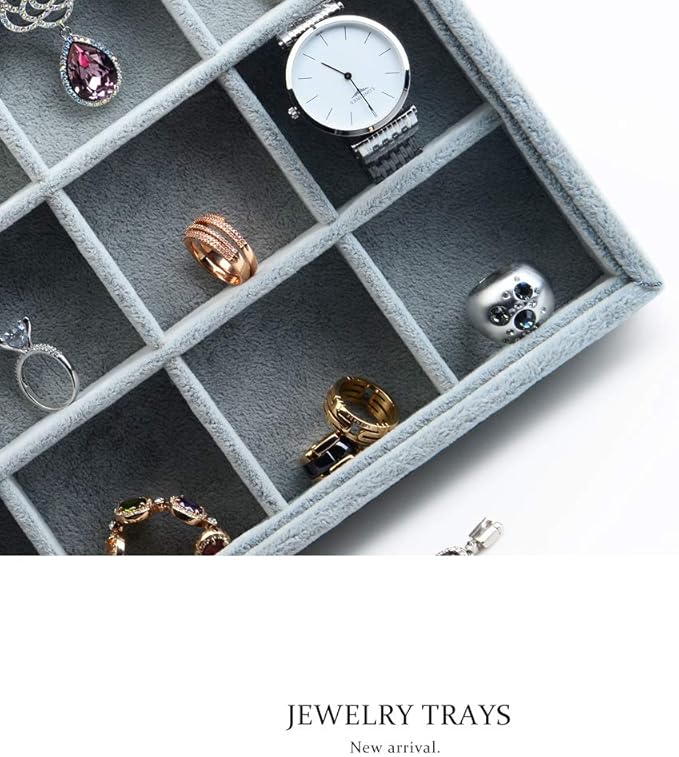 Oirlv 24 Grid Ice Velvet Jewelry Drawer Organizer Tray Stackable Jewelry Trays Removable Dividers for Rings Earring Storage Display