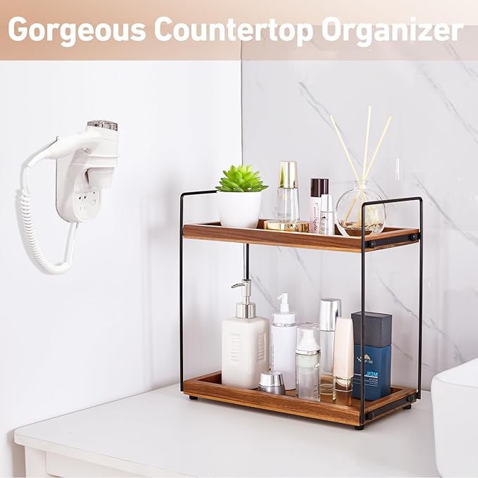 Bathroom Counter Organizer Countertop Storage - 2 Tier Bathroom Countertop Organizers Coffee Bar Organization Acacia Wood Counter Top Organizer Kitchen Spice Rack Vanity Shelf Toilet Vanity Organizers