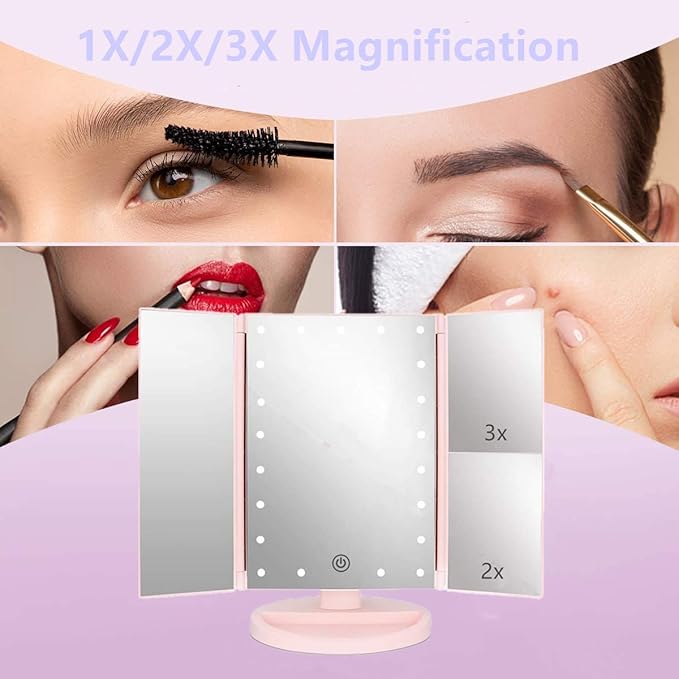 Tri-fold Lighted Vanity Makeup Mirror with 3x/2x Magnification,21 LED Lights and Touch Screen,180 Degrees Free Rotation Countertop Cosmetic Mirror,Travel(Pink)