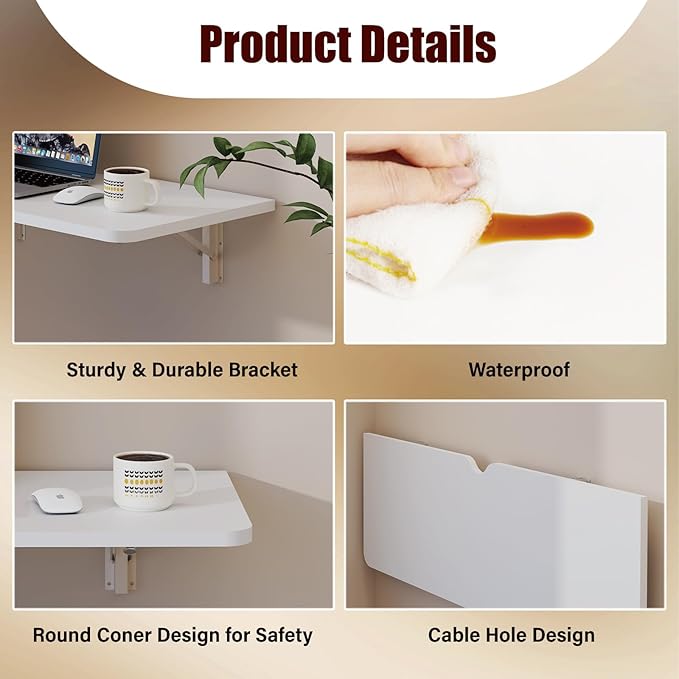 Pmnianhua Wall Mounted Folding Table, 47'' Floating Laptop Desk with Shelves, Foldable Drop Leaf Table, Wall Mount Fold Down Table for Laundry Room Kitchen Bar Home Office Small Space(White)
