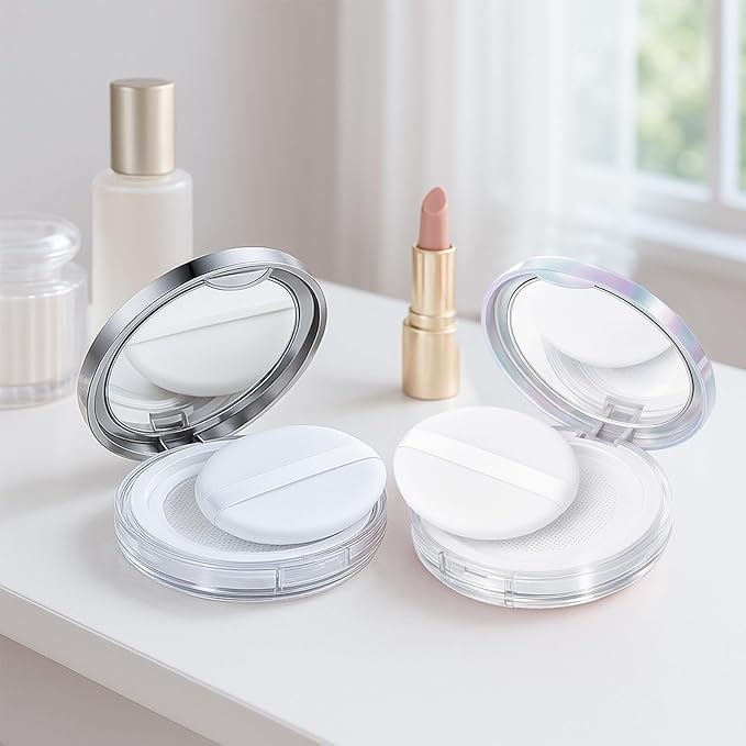 Tokusatsu 2-Pack Refillable Loose Powder Container with Puff & Mirror - 0.17 oz Travel Portable Empty Makeup Compact with Mesh for Women Girls, Silver Iridescent Silver