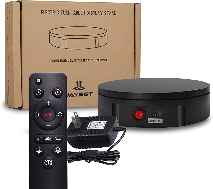 JAYEGT Motorized Rotating Display Stand, 350Lbs Load，360 Degree Electric Rotating Turntable for Photography Products Display，Live Show,Remote Control +5 Colors Backgrounds (Black/11.8inch /Wired)