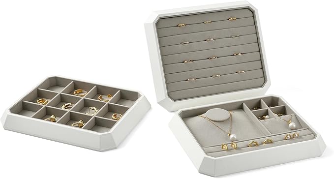 Premium PU Leather Stackable Jewelry Ring Display Tray Ring Earring Display Holder Organizer Showcase(Grey)