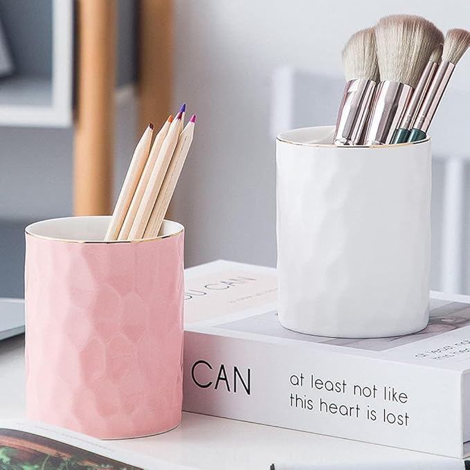 HANKOR Ceramic Pen Holder Cup Pencil Holder for Desk, Makeup Brush Holder Organizer for Office Home (Pink)