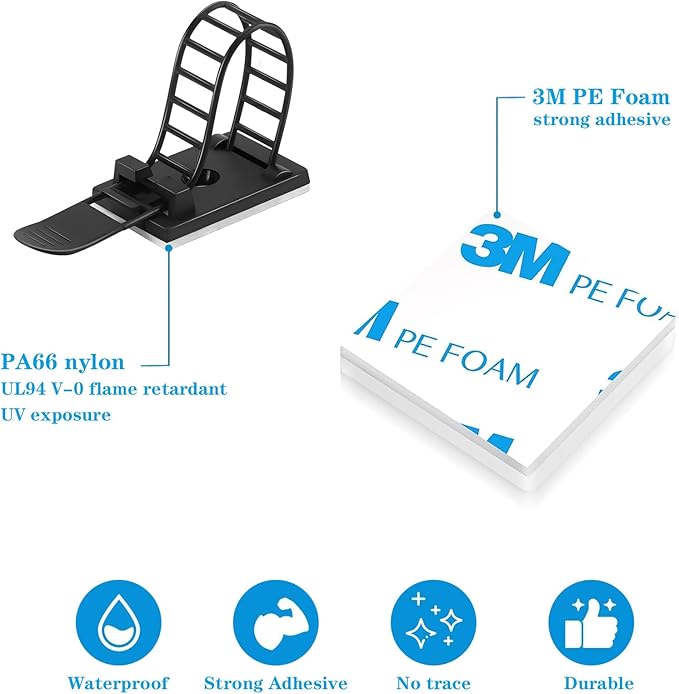 Adjustable 3M Adhesive Cable Management Clips 50Pcs, Large self Adhesive Cable Ties Clips ，Suitable for Cable Management Under desks and on Walls(Black)