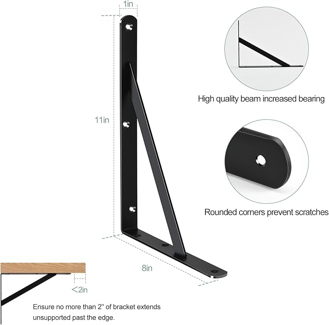 6 Pack L11 x H 8" Black Heavy Duty Shelf Brackets with Screws Metal Shelf Brackets Shelf Support Angle Brackets for Shelves L Brackets Heavy Duty Floating Shelf