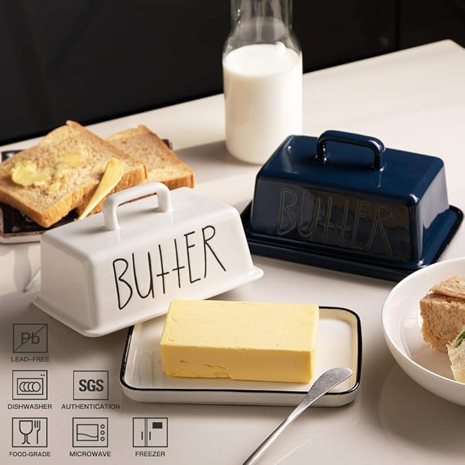 Sweejar Ceramic Butter Dish with Handle Lid, 7.3 Inch Porcelain Large Butter Keeper with Cover, Perfect for East/West Butter (White)