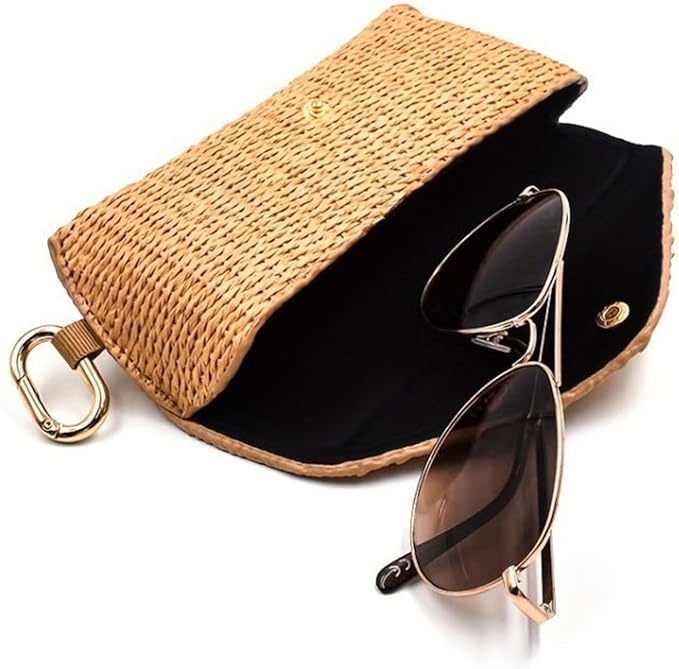Glasses Case - Woven Straw Style Soft Box with Hook | Portable Eyewear Holder for Sunglasses, Reading Glasses, Contact Lens Accessories, Purse, Car, Desk, Nightstand, Drawer, Travel