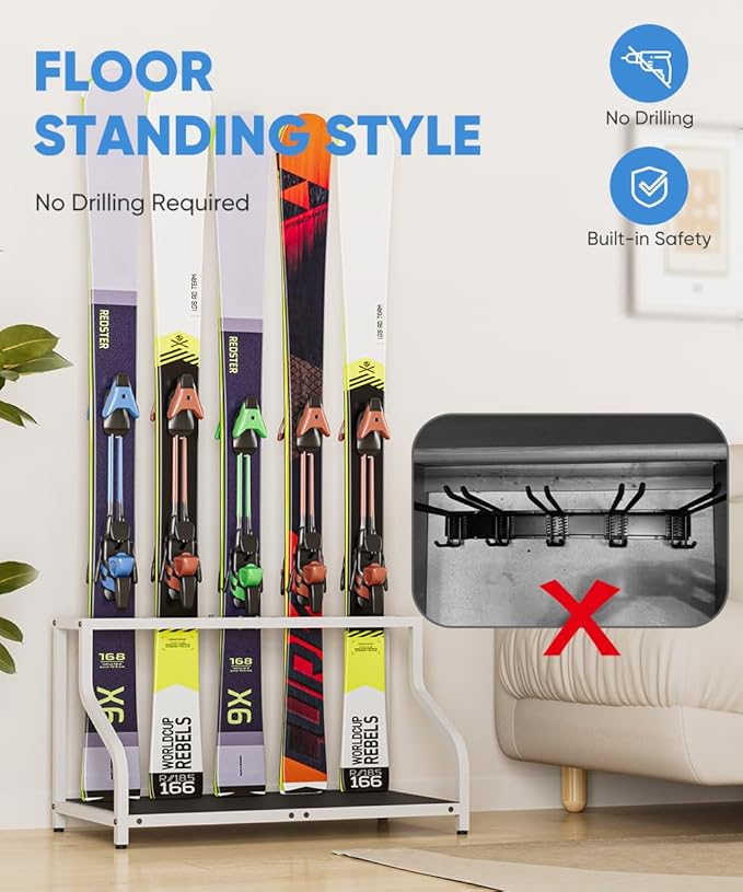 Ski Storage Rack for Garage — Freestanding Ski Holder for 5 Pair Skis, Helmet, Goggles, gloves, Indoor Snowboard Rack Organizer Stand for Home, Shed, Basement, White