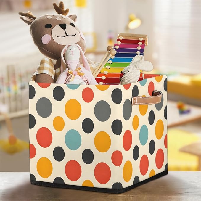 TropicalLife 13x13x13 Inch Large Fabric Storage Cube Vintage Polka Dots Foldable Storage Bin with Handles Organizer Boxes Cube Basket for Shelves Organizing Closet