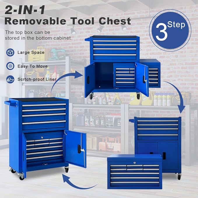 Tool Chest 13-Drawer with Double Door Handle,2 in 1 Detachable Rolling Tool Chests with Wheels and Drawers,Large Tool Box with Lock for Warehouse,Garage (Blue)
