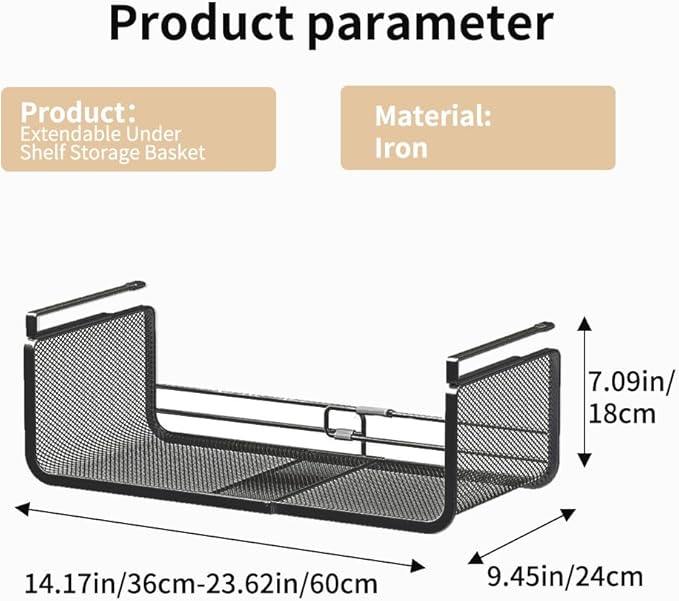 Expandable Under Shelf Basket Organizer, Under Shelf Storage, Hanging Baskets Under Cabinet for Pantry Kitchen Cupboard Desk Counter Bookshelf Space Saver Heavy Duty Slide-in (white, 1 Pack)