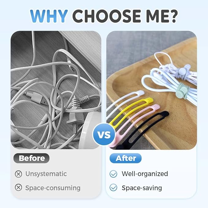 Data Cable Organizer,Multicolor Silicone Cable Ties,Reusable Cable Management Organizers,Multipurpose Elastic Cord Organizer For Bundling Earphone/Phone Charger/Computer Cords (20PCS)