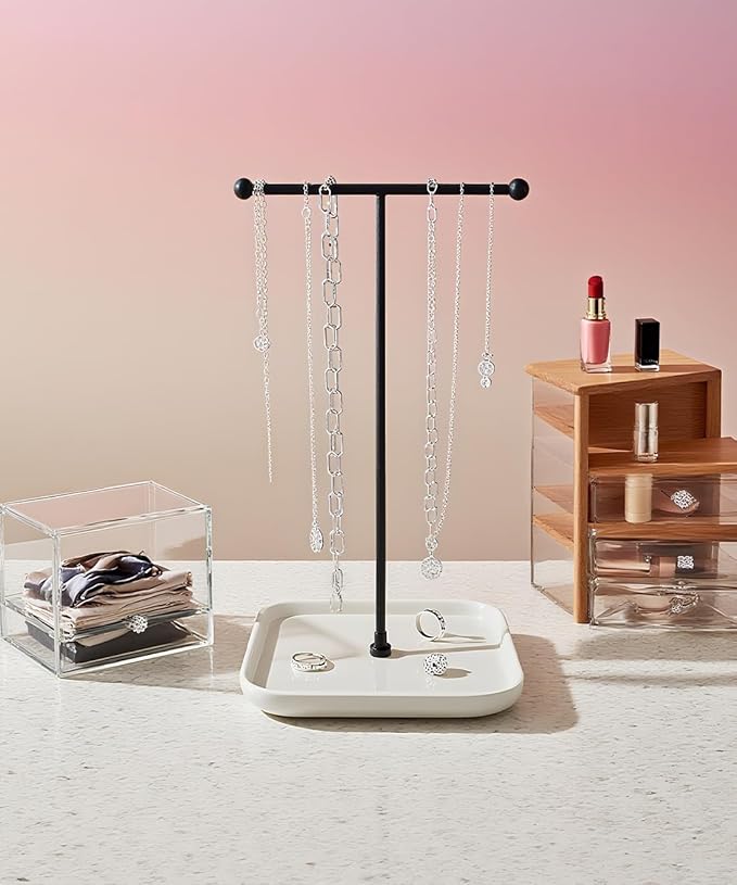 VROOMIUM Necklace Holder- Ceramic Base 1ft Height Jewelry Organizer Stand, Aesthetic Jewelry Hanger Display for Necklaces, Bracelets, Rings, Exhibidor de Collares-Minimalist White