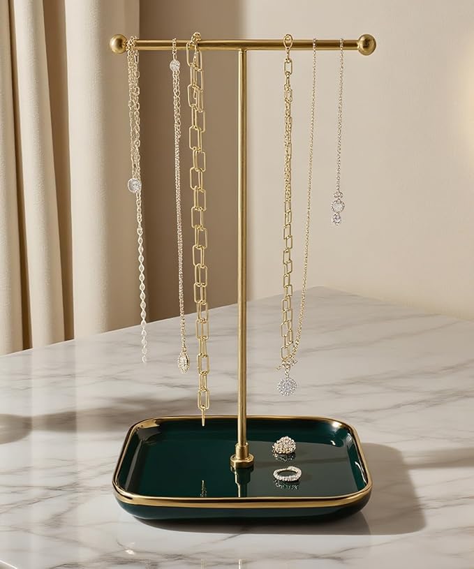 VROOMIUM Necklace Holder- Ceramic Base 1ft Height Jewelry Organizer Stand, Aesthetic Jewelry Hanger Display for Necklaces, Bracelets, Rings, Exhibidor de Collares-Elegant Green