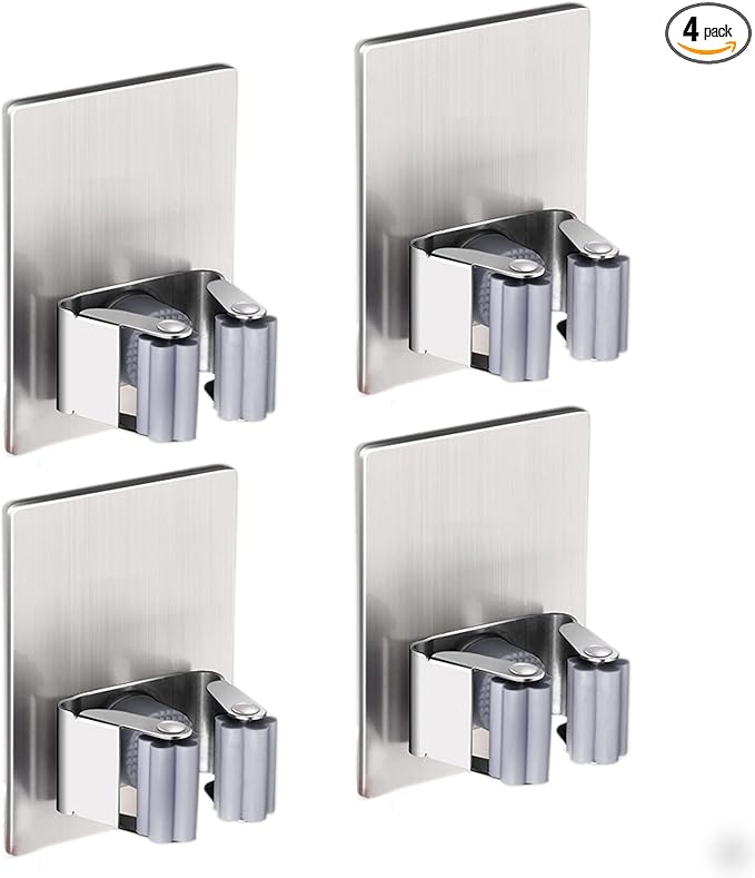 HANZE 4 Pack Stainless Steel Mop Broom Holder Organizer, Self Adhesive Wall Mounted Mop Organizer Storage Rack Clip for Kitchen Bathroom and Garage (Rectangle, Large)