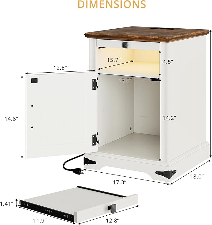 IRONCK Farmhouse Nightstand with Charging Station and LED Light, Wood Side Table with Storage Cabinet & Open Shelf，Bedside Table with Pull-Out Shelf for Bedroom, White