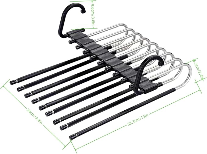 2Pack 9 Layers Foldable Pants Hangers Space Saving Trouser Hanger Multifunctional Trouser Rack Hanger Hanging Hole for Wardrobe Trousers Scarf Jeans (Black)