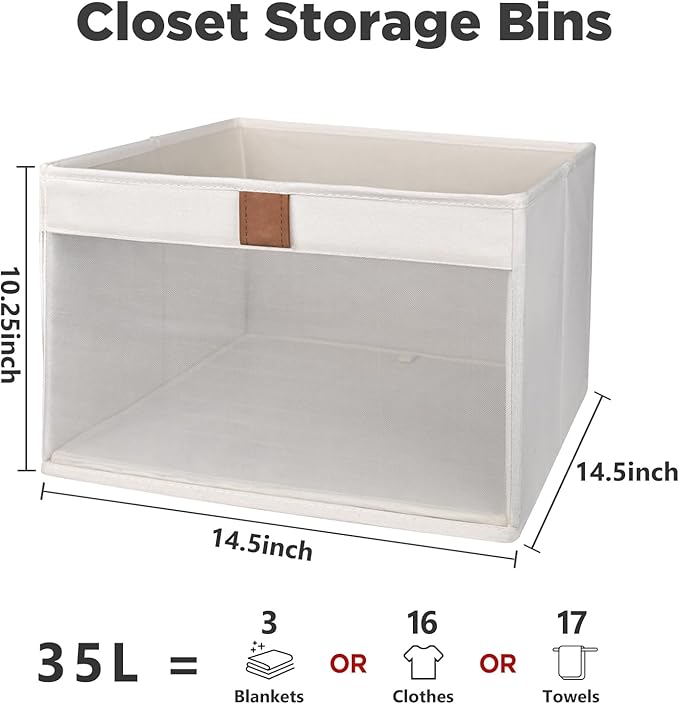 Linen Closet Organizers and Storage, Closet Storage Bins Basket Organizer, Foldable Organization Baskets with Mesh Window for Clothes Towels and Toys, 14.5" x 14.5" x 10.25", Beige, 4 pack