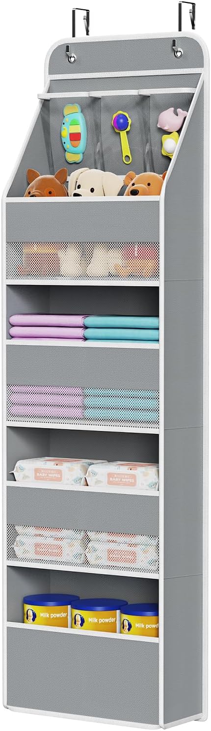 Univivi 5-Shelf Fabric Door Storage Over Door Hanging Organizer with 4 Large Pockets and 3 Small PVC Pockets Nursery Closet Cabinet Wall Mount Hanging Storage Organizers for Baby Nursery (Grey)