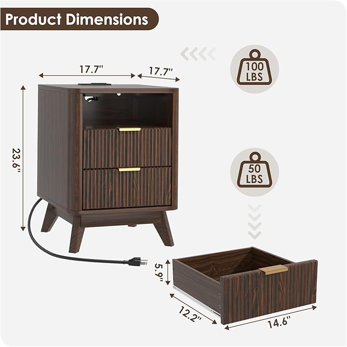 Nightstand with Charging Station, Fluted Nightstand with LED Lights, Modern Rustic Side Table with 2 Storage Drawers, Wooden End Table for Bedroom, Walnut